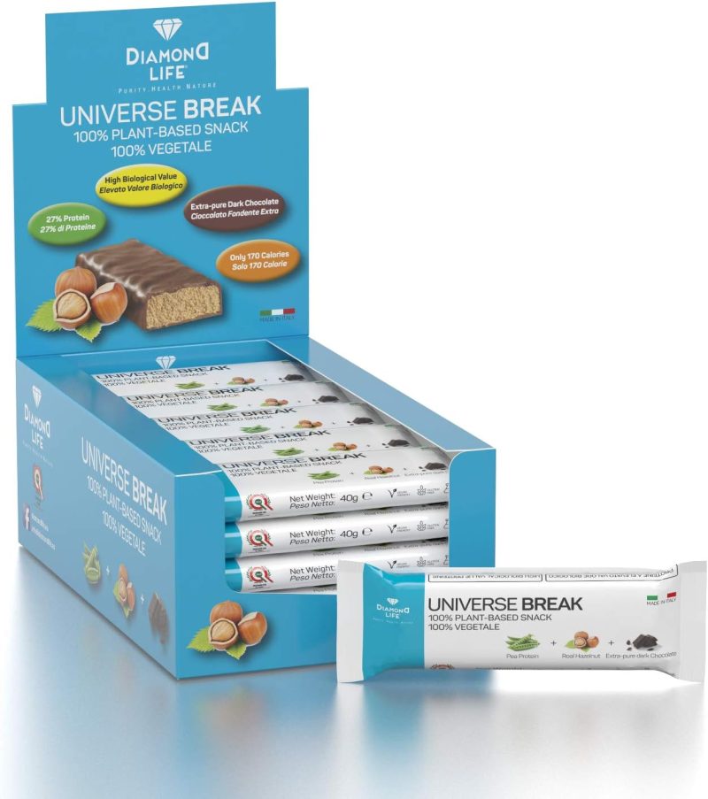 UNIVERSE BREAK - 20 Barrette Proteiche Bilanciate Vegan 100% (Proteine Pisello) Gusto Gianduia Con Aminoacidi Essenziali e Vitamine - Cioccolato Extra Fondente Bio